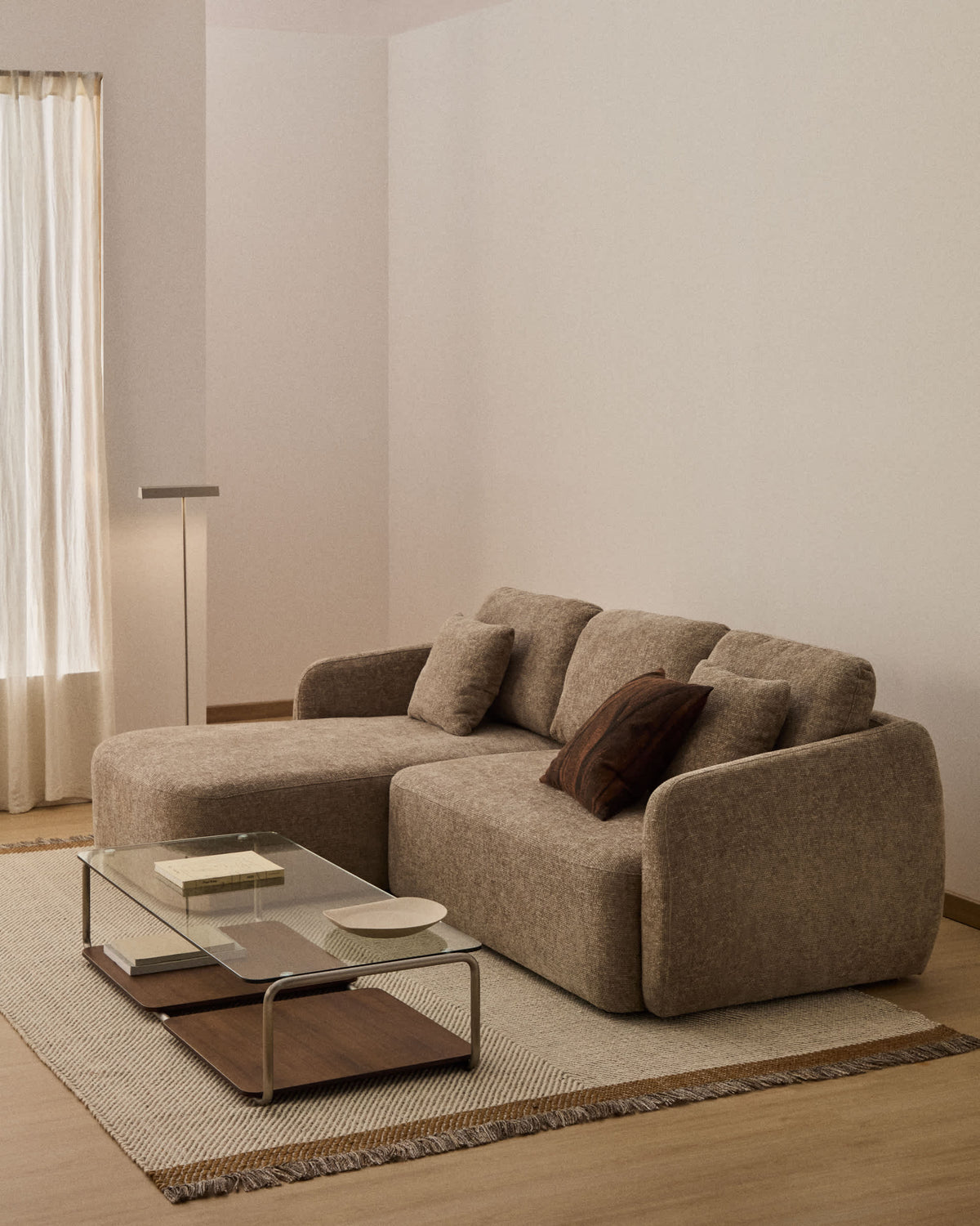 Canapé-lit Japandi 3 places en chenille avec méridienne gauche taupe 246 cm - Laira