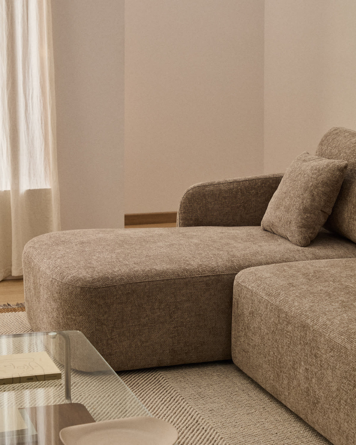 Canapé-lit Japandi 3 places en chenille avec méridienne gauche taupe 246 cm - Laira