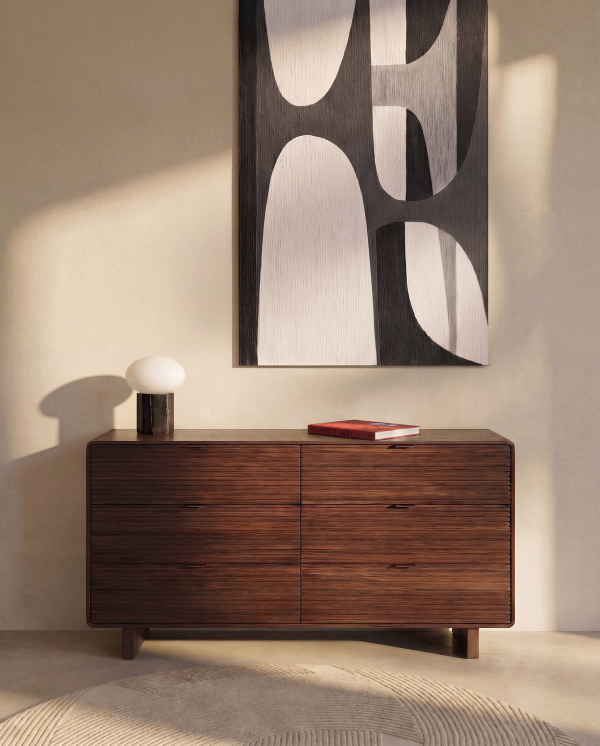 Commode Japandi 6 tiroirs en placage de noyer 120 x 75 cm - Norlen