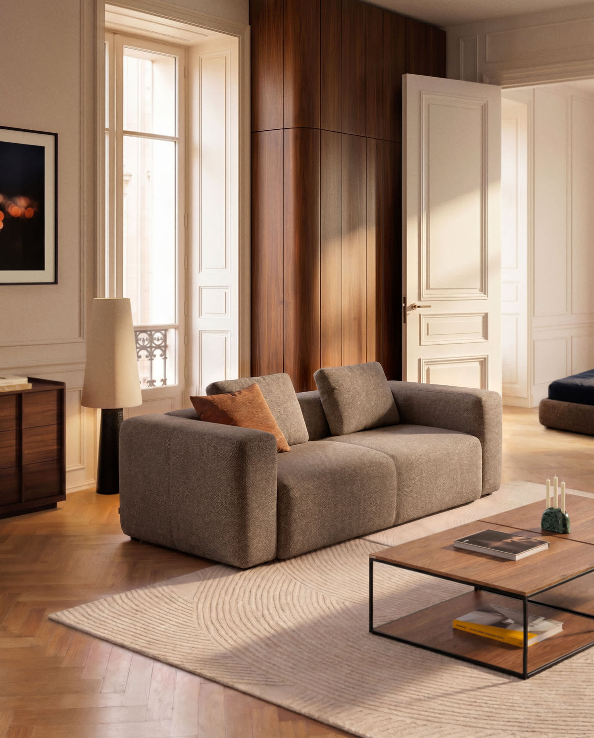 Canapé Japandi 3 places en chenille marron 240 cm - Blok