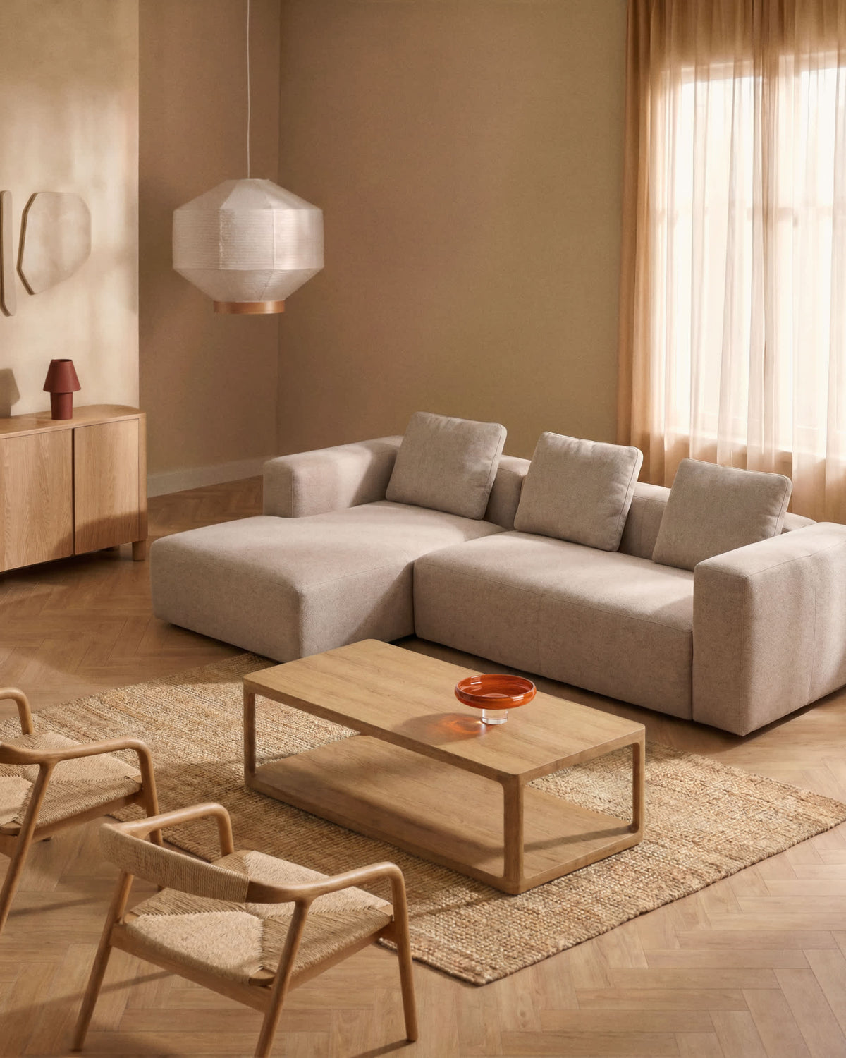 Canapé Japandi 3 places avec méridienne gauche en chenille beige 300 cm - Blok