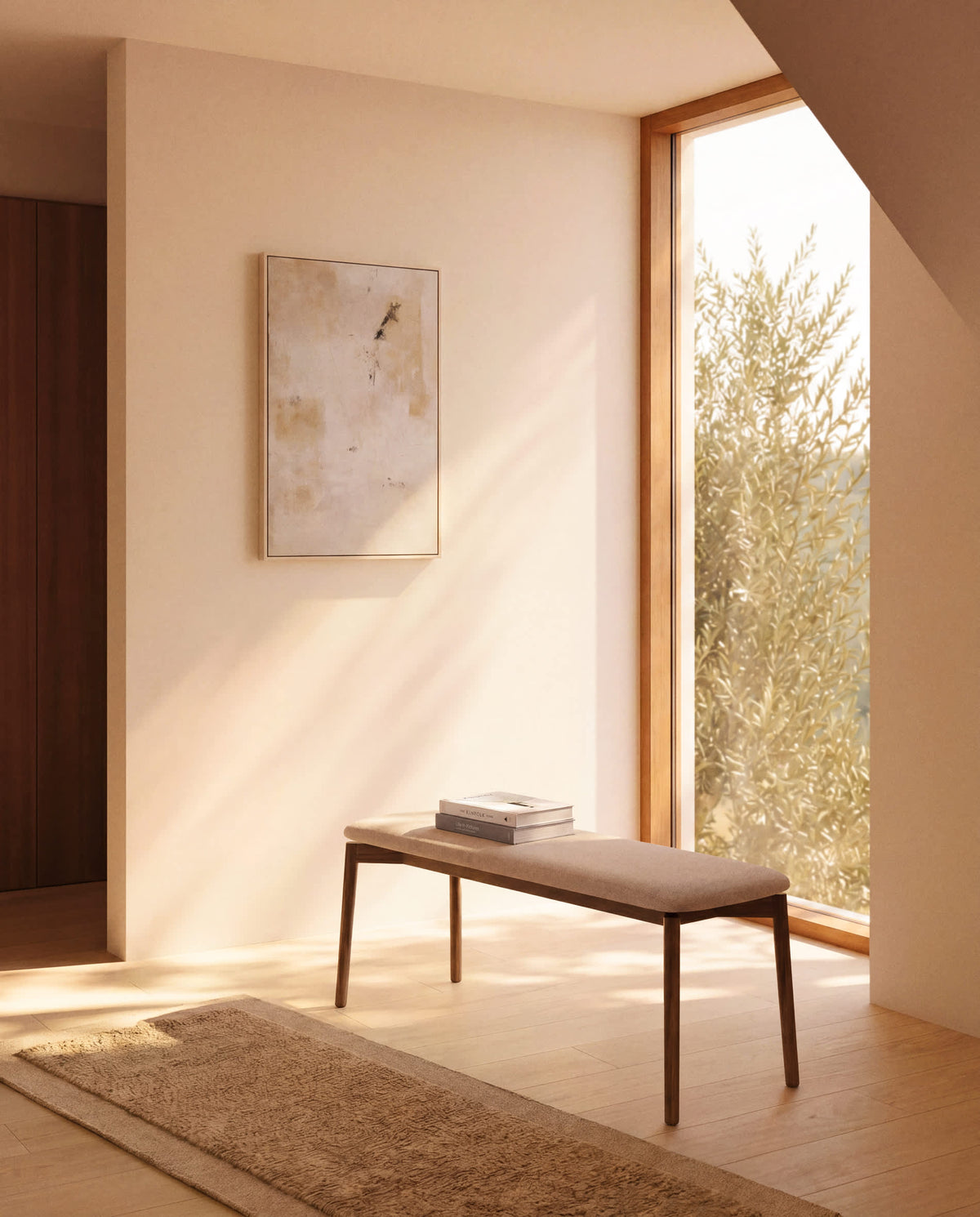 Banc Japandi en placage de chêne ton noyer et chenille marron 122 cm - Evera
