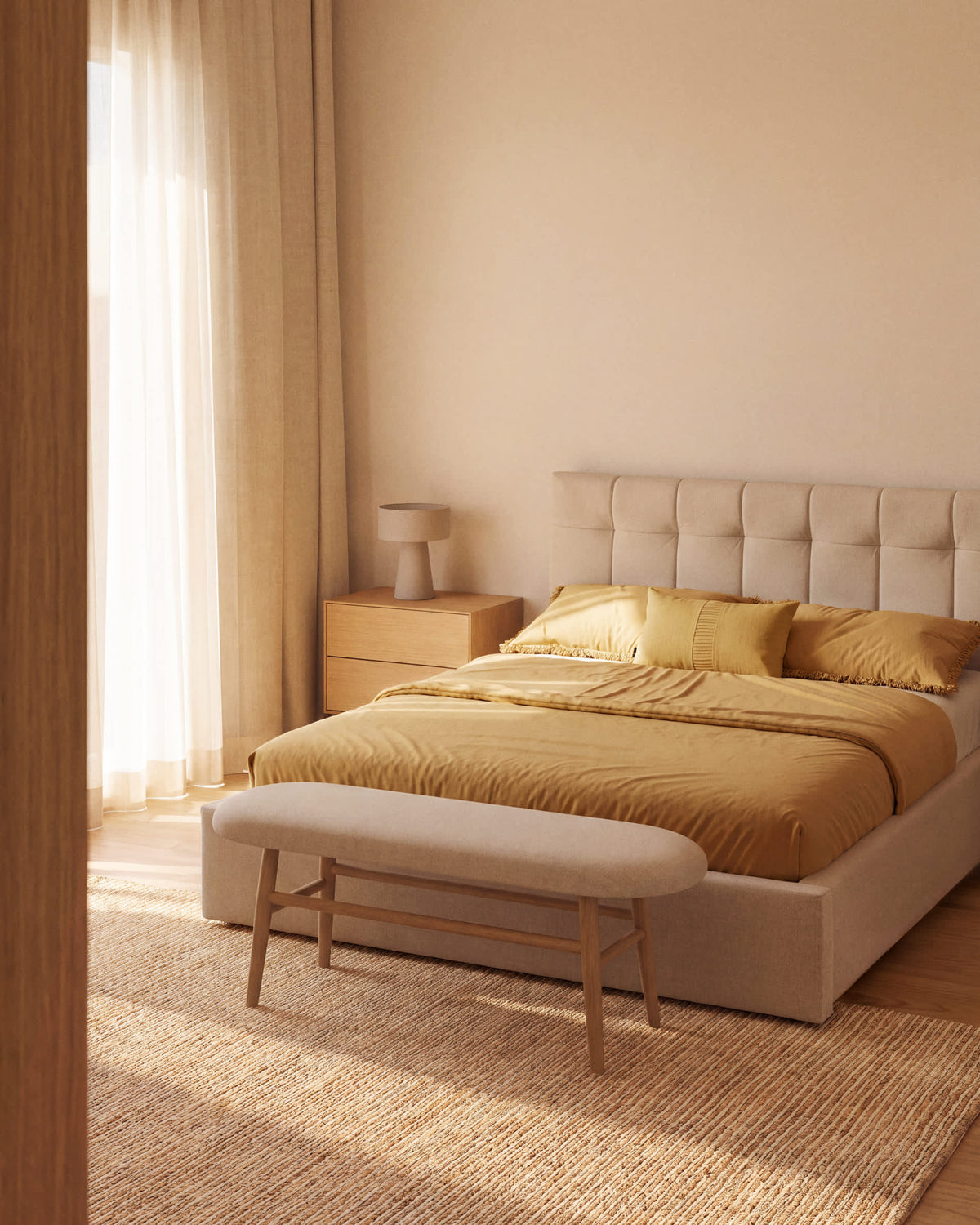 Banc Japandi en chenille beige et bois de chêne 122 cm - Helda