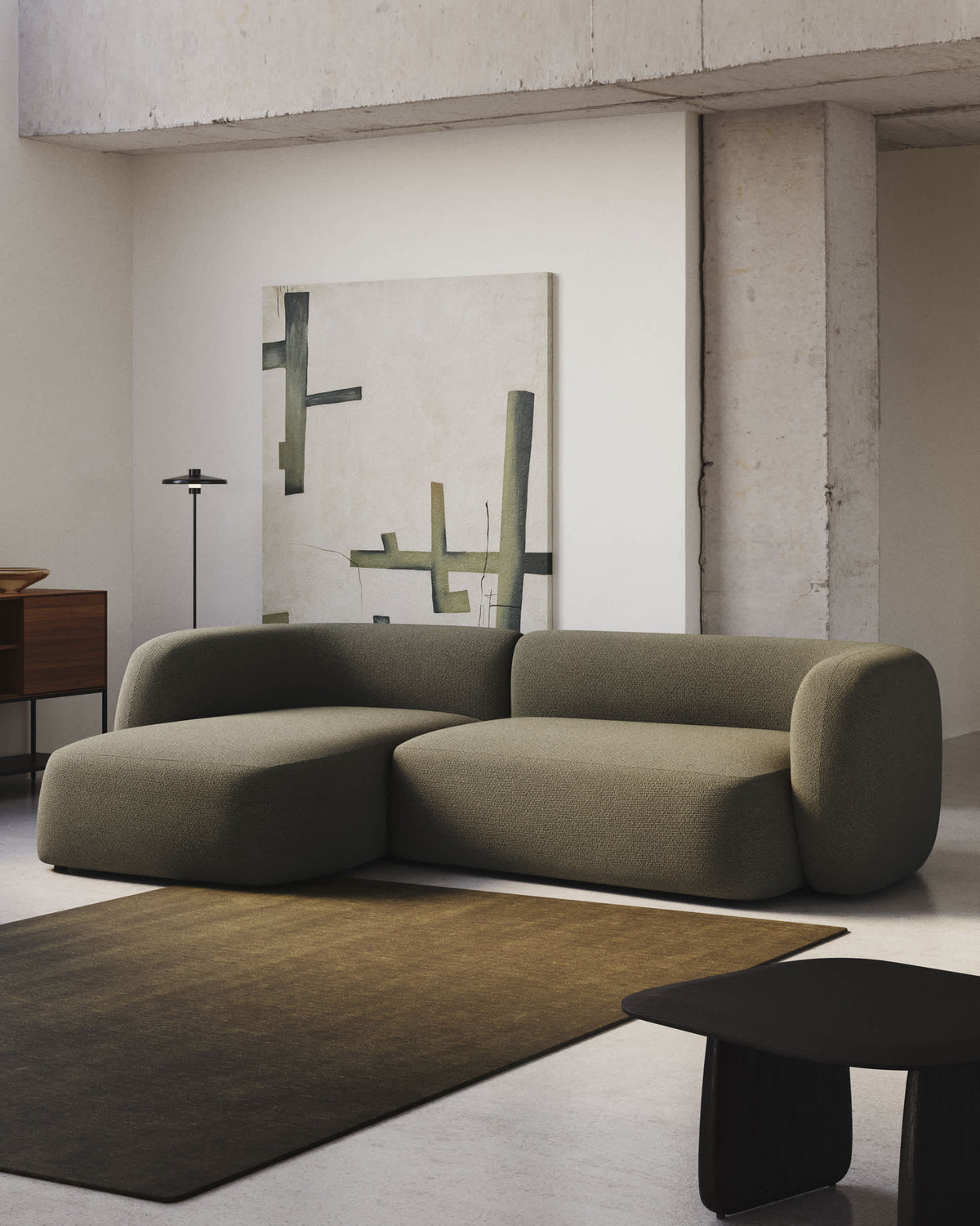 Canapé modulable Japandi 3 places en chenille verte avec méridienne gauche 287 cm - Martina