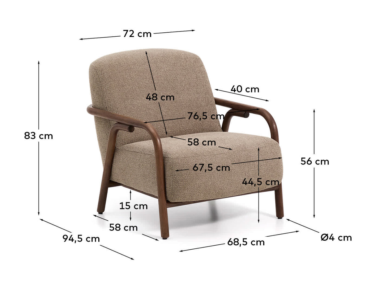 Fauteuil Japandi en tissu chenille taupe et bois de frêne avec finition ton noyer - Sylo