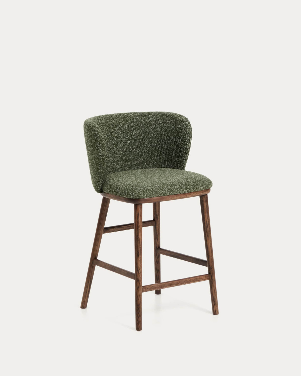 Tabouret Japandi en chenille épaisse vert foncé et pieds en bois de frêne avec finition ton noyer 65 cm - Ciselia