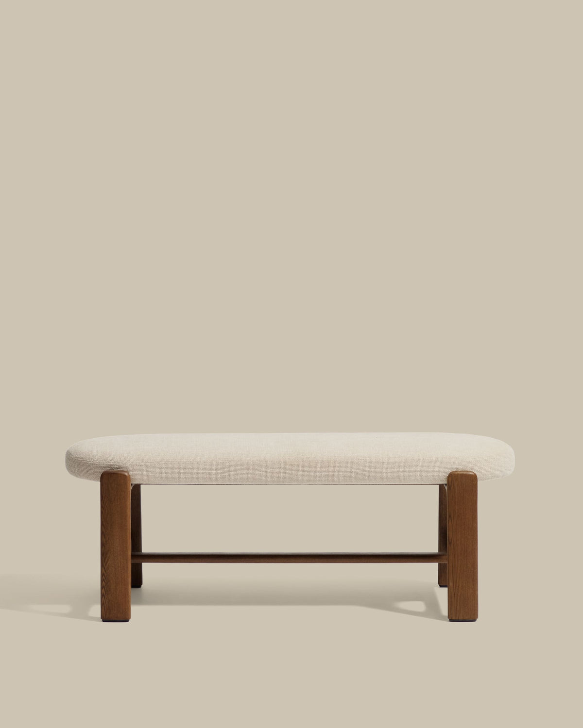 Banc Japandi en chenille beige et bois de frêne finition ton noyer 120 cm - Granite
