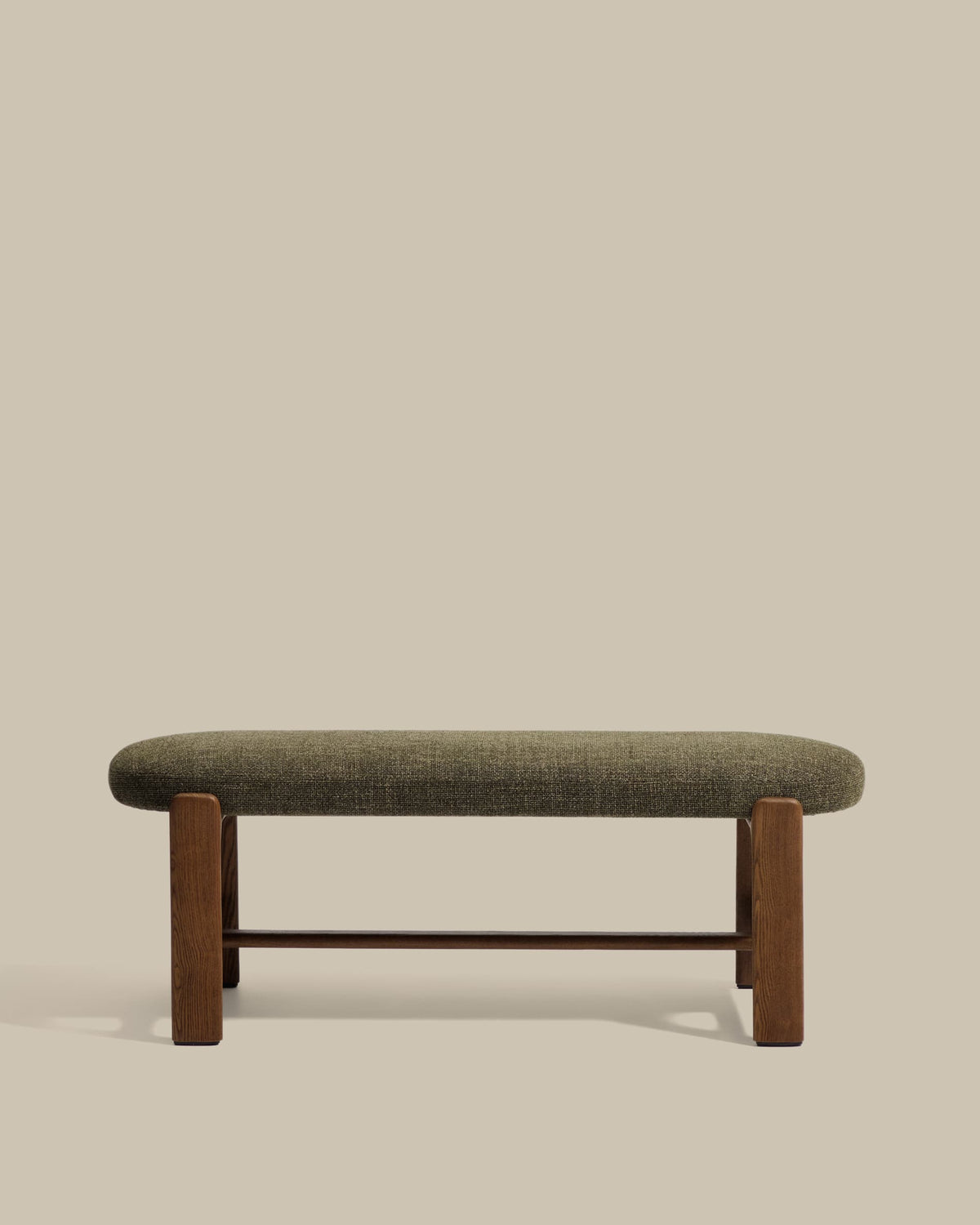 Banc Japandi en chenille verte et bois de frêne finition ton noyer 120 cm - Granite