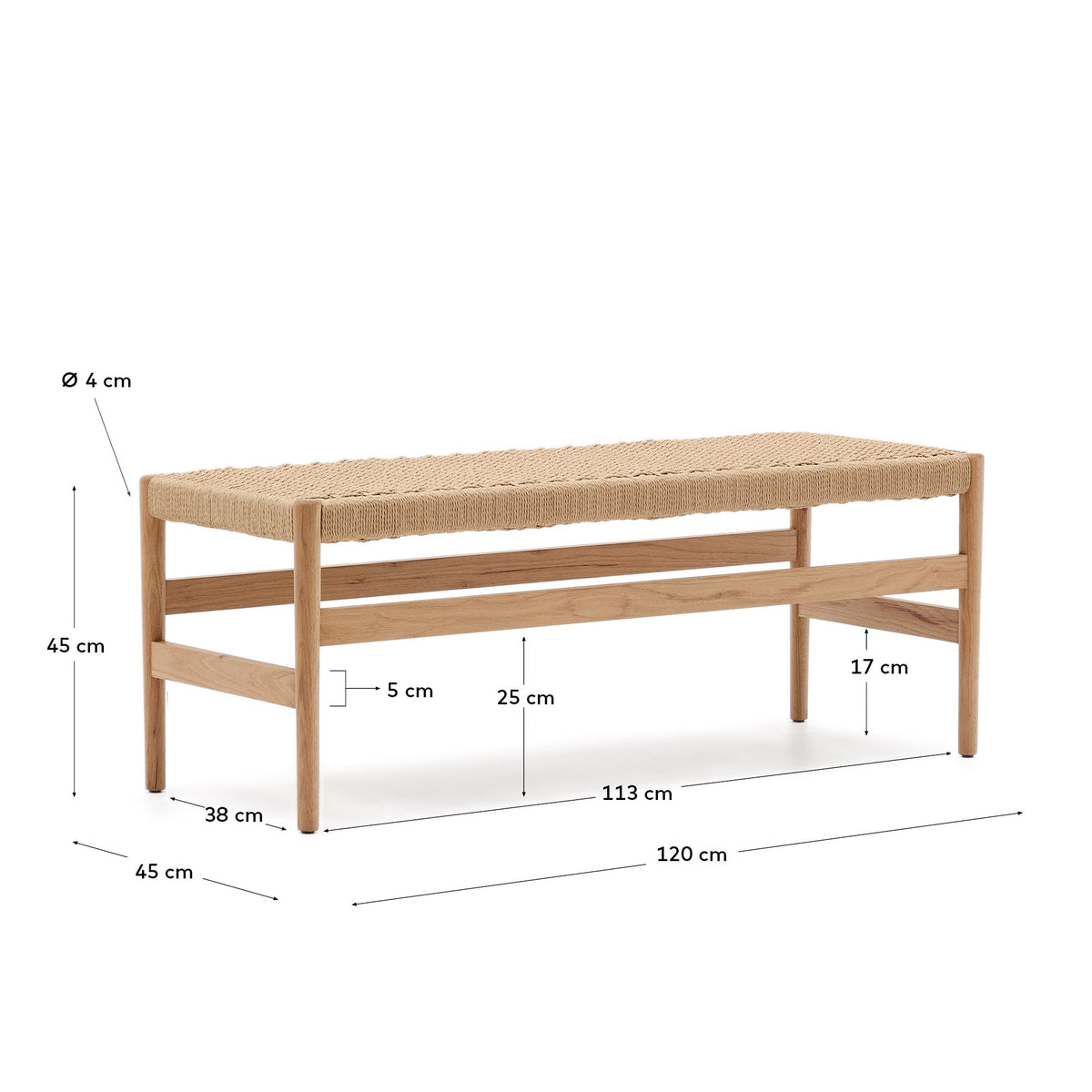 Banc Japandi en chêne massif finition naturelle et assise en corde 120 cm - Zaide