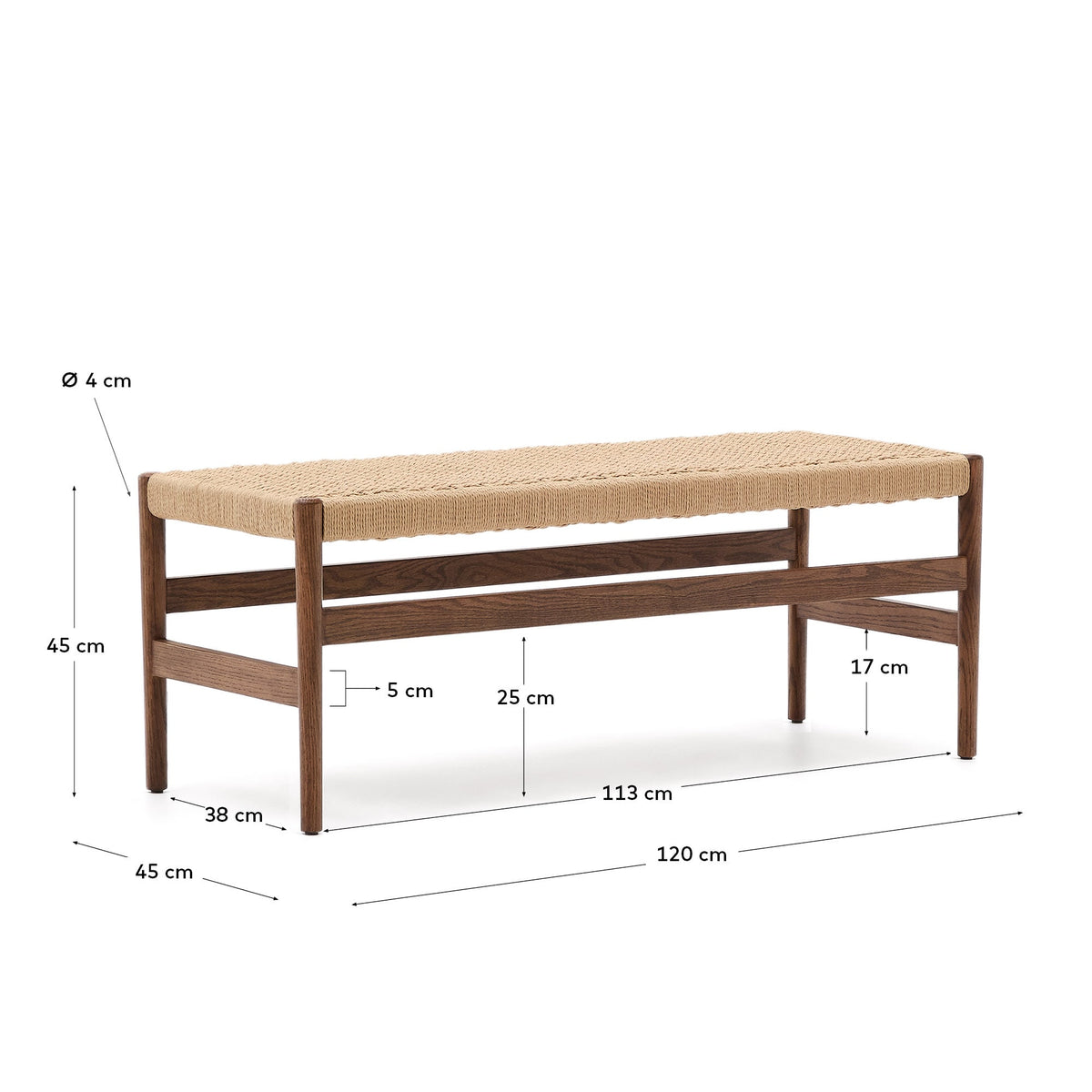 Banc Japandi en chêne massif finition noyer et assise en corde 120 cm - Zaide