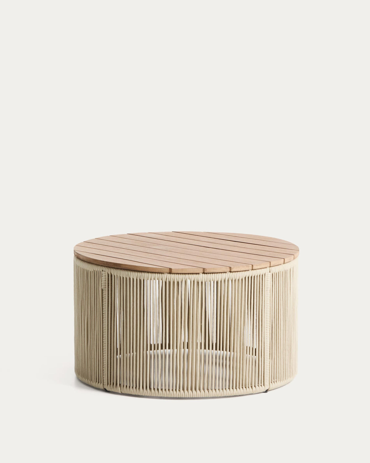 Table basse Japandi en acier, corde écrue et bois d'acacia Ø 70 cm - Dandara
