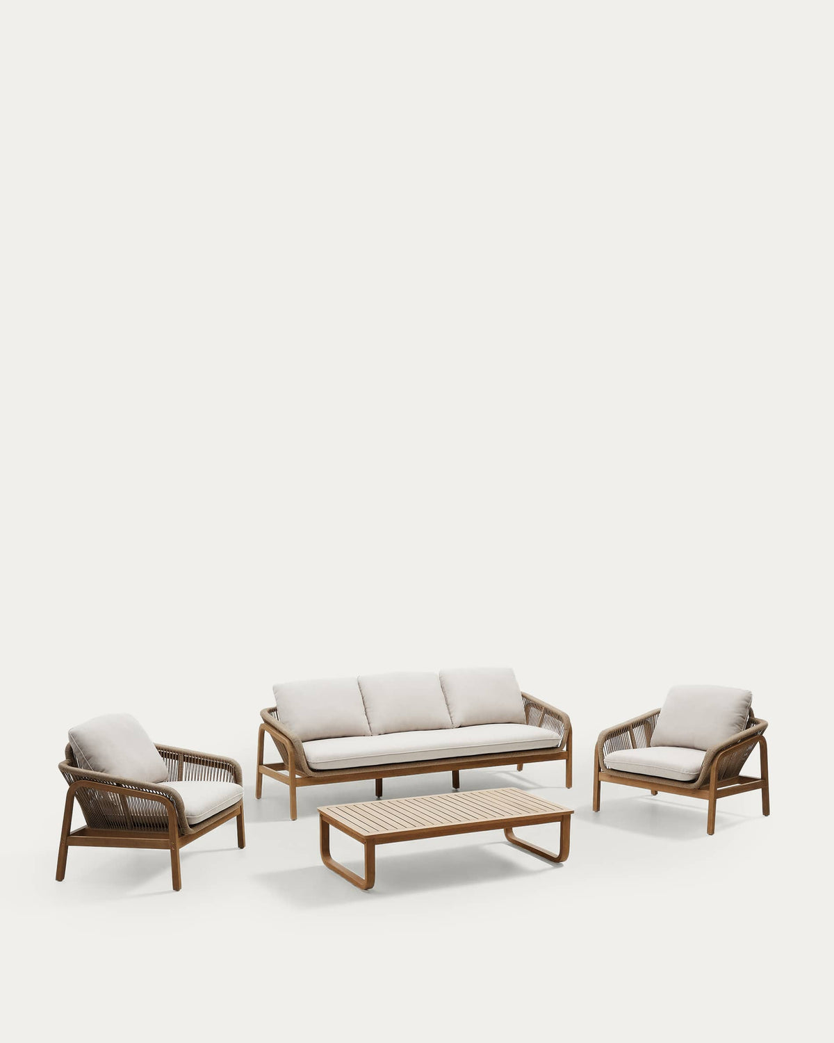 Ensemble Japandi canapé 3 places, 2 fauteuils et table basse en bois d'acacia - Vellana