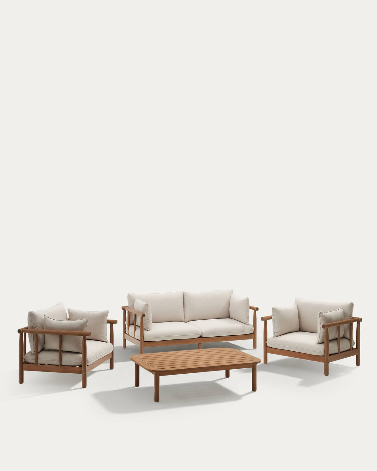 Ensemble Japandi ensemble de 2 fauteuils, canapé 2 places et table basse en bois d'eucalyptus - Sacova