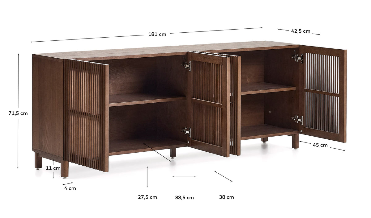 Buffet Japandi 4 portes en placage et bois de frêne finition ton noyer 180 x 71,5 cm - Beyla
