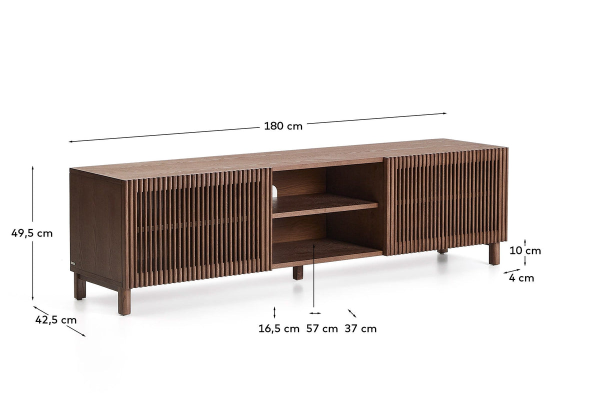 Meuble TV Japandi 2 portes en placage et bois de frêne finition ton noyer 180 x 49,5 cm - Beyla