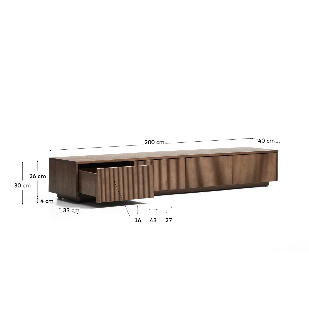 Meuble TV Japandi 4 tiroirs en placage de frêne finition ton noyer 200 x 30 cm - Helvine