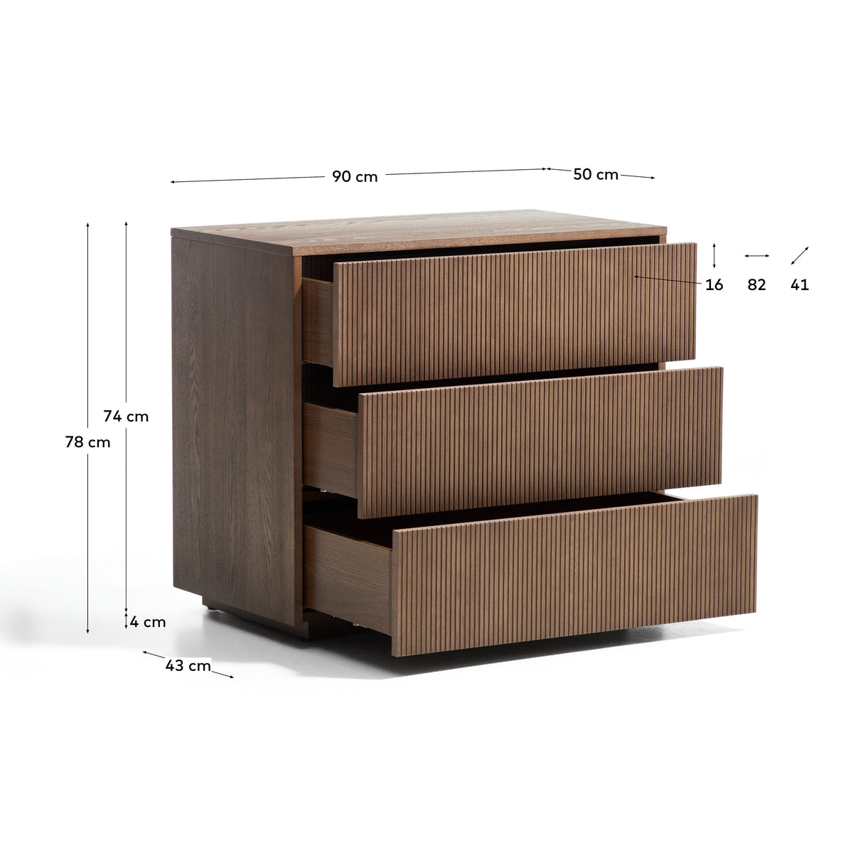 Commode Japandi 3 tiroirs en placage de frêne finition ton noyer 90 x 78 cm - Helvine