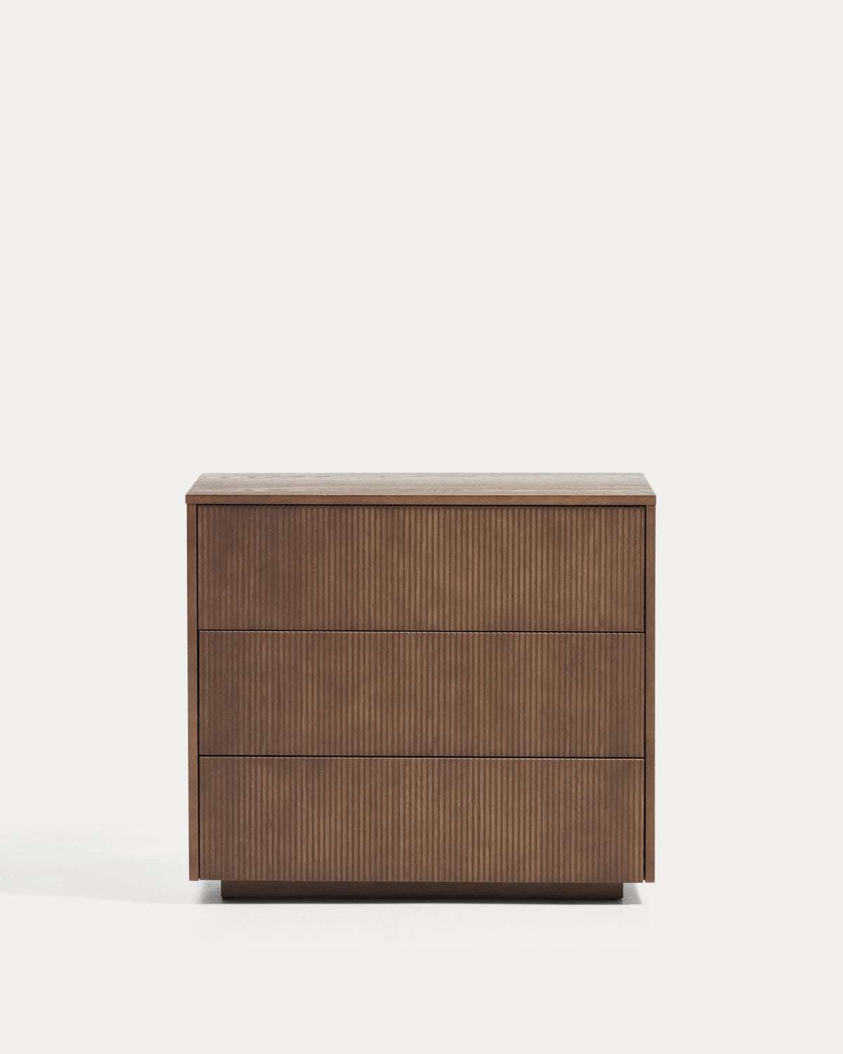 Commode Japandi 3 tiroirs en placage de frêne finition ton noyer 90 x 78 cm - Helvine