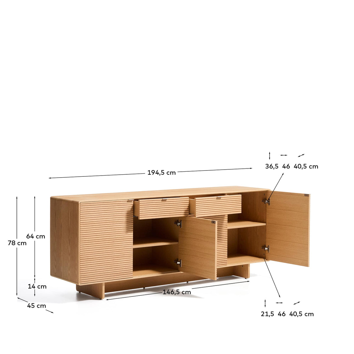 Buffet Japandi 4 portes et 2 tiroirs en placage de chêne finition naturelle 194,5 x 78 cm - Norlen