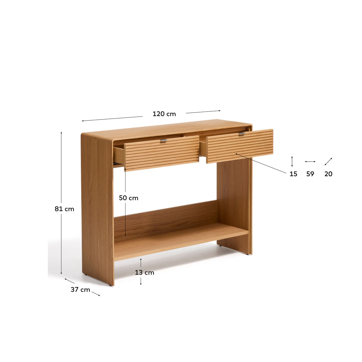 Console Japandi 2 tiroirs et 1 étagère en placage de chêne finition naturelle 120 x 81 cm - Norlen