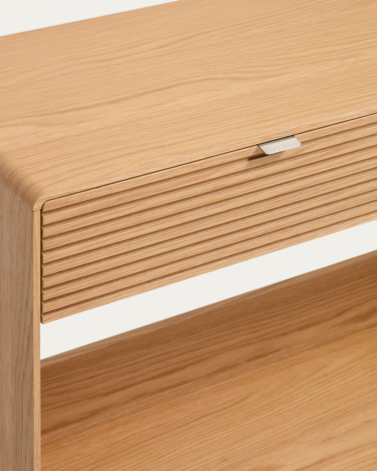 Console Japandi 2 tiroirs et 1 étagère en placage de chêne finition naturelle 120 x 81 cm - Norlen