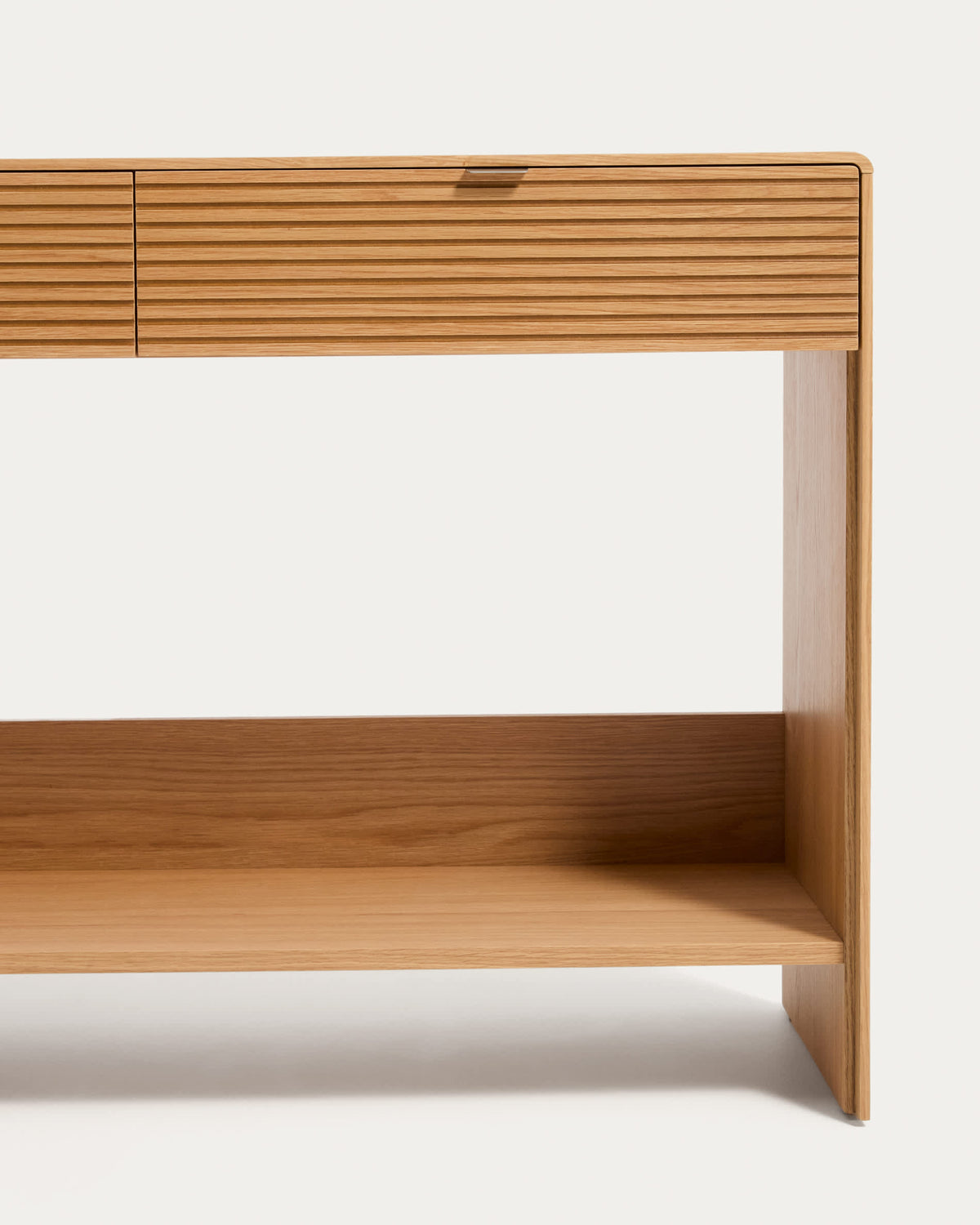 Console Japandi 2 tiroirs et 1 étagère en placage de chêne finition naturelle 120 x 81 cm - Norlen
