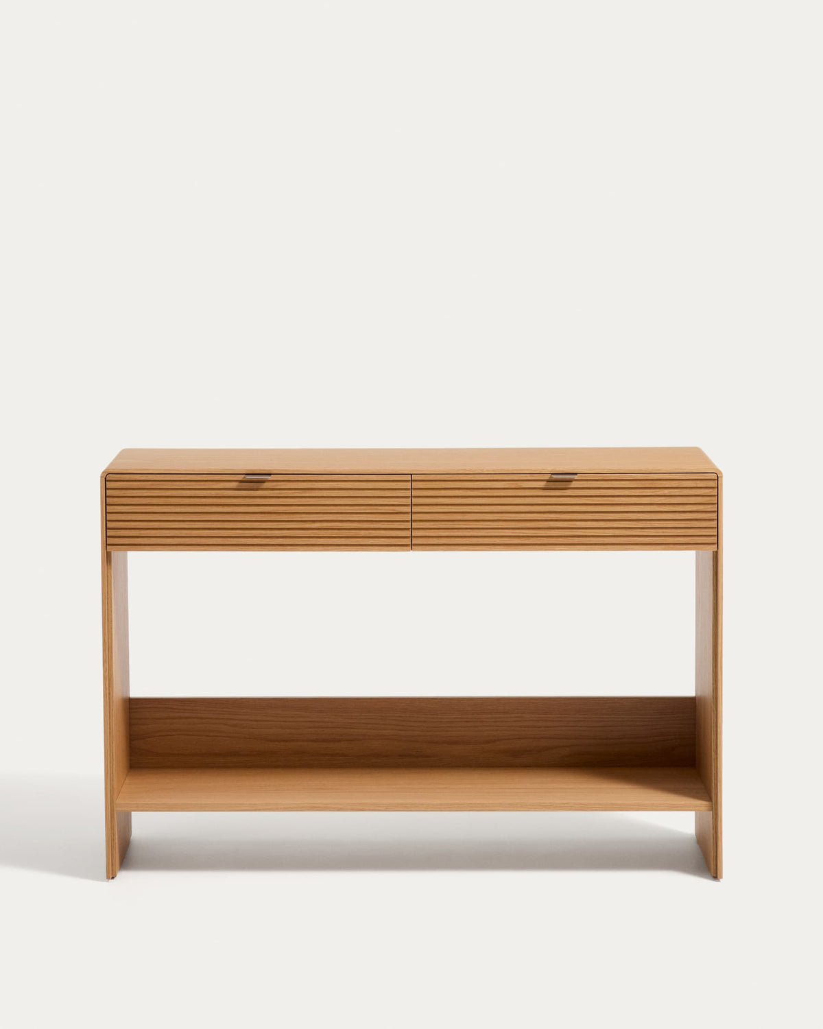 Console Japandi 2 tiroirs et 1 étagère en placage de chêne finition naturelle 120 x 81 cm - Norlen