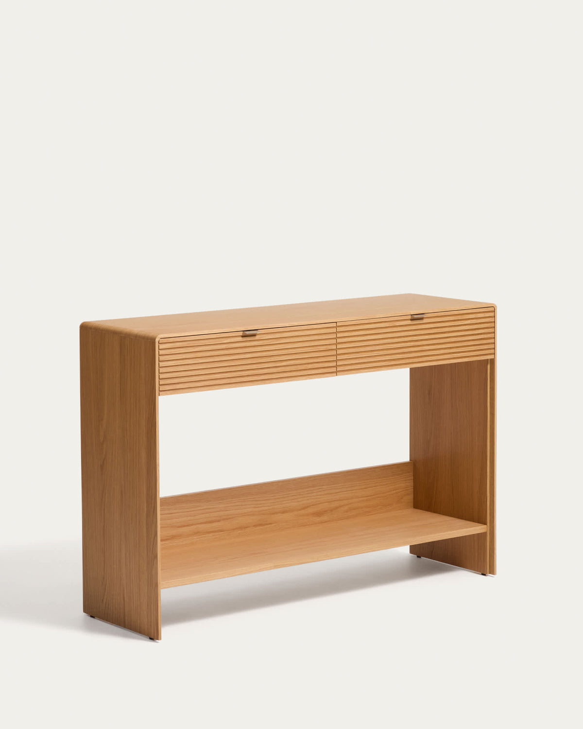 Console Japandi 2 tiroirs et 1 étagère en placage de chêne finition naturelle 120 x 81 cm - Norlen
