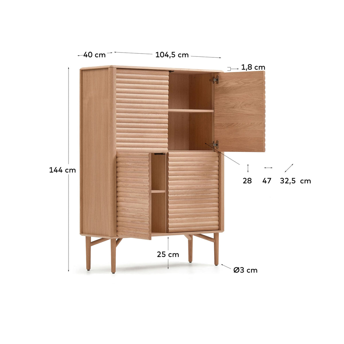 Buffet haut Japandi 4 portes en bois et placage de chêne 104,5 x 144 cm - Lenon