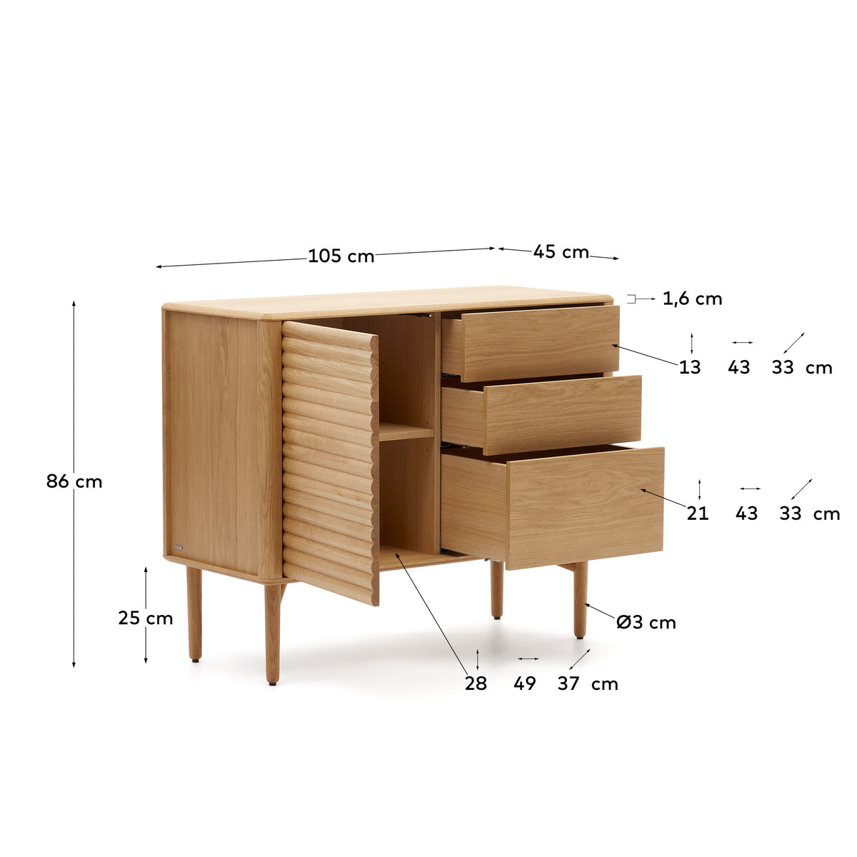 Buffet Japandi 1 porte et 3 tiroirs en bois et placage de chêne 105 x 85 cm - Lenon