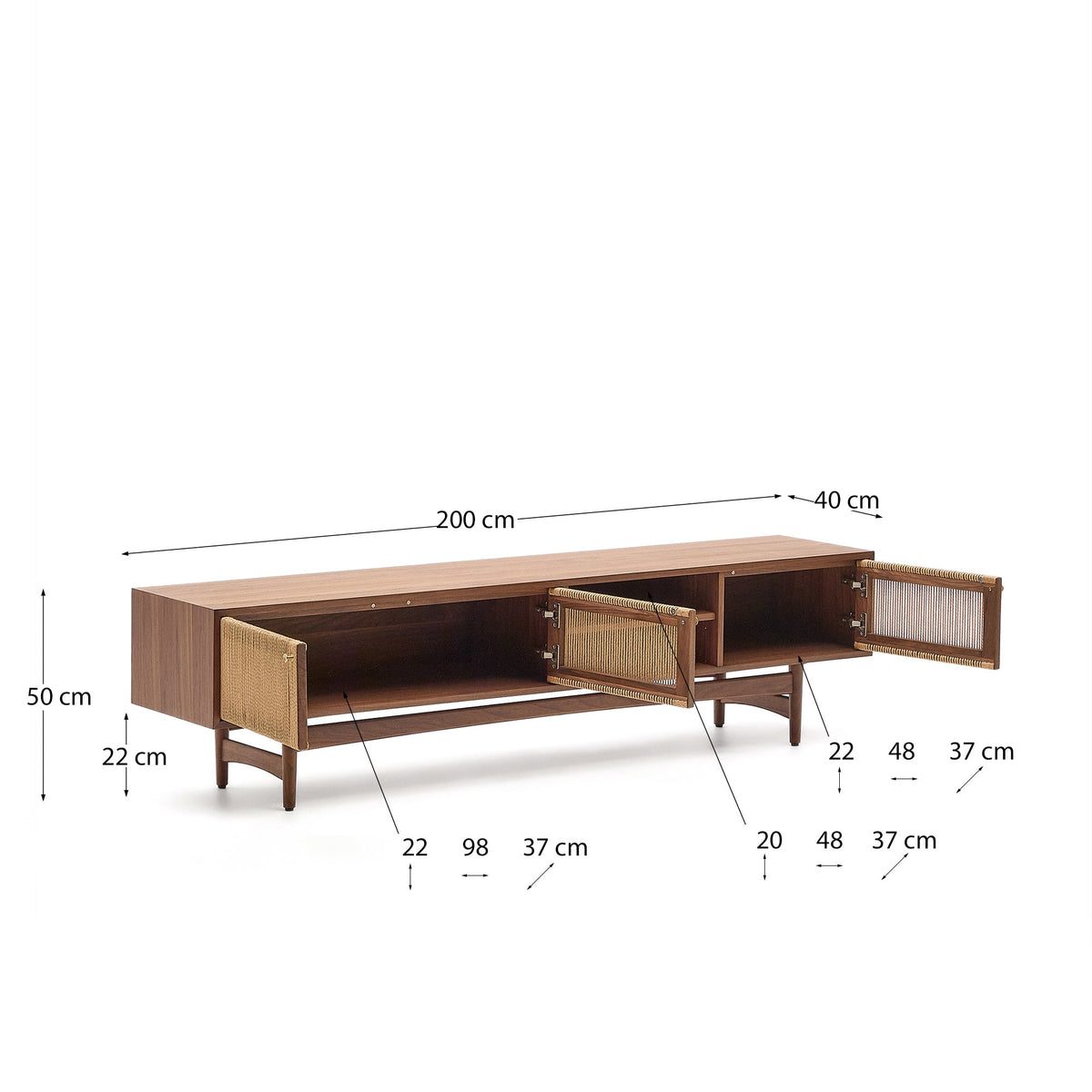 Meuble TV Japandi 3 portes en placage et bois de noyer et corde 200 x 50 cm - Elan