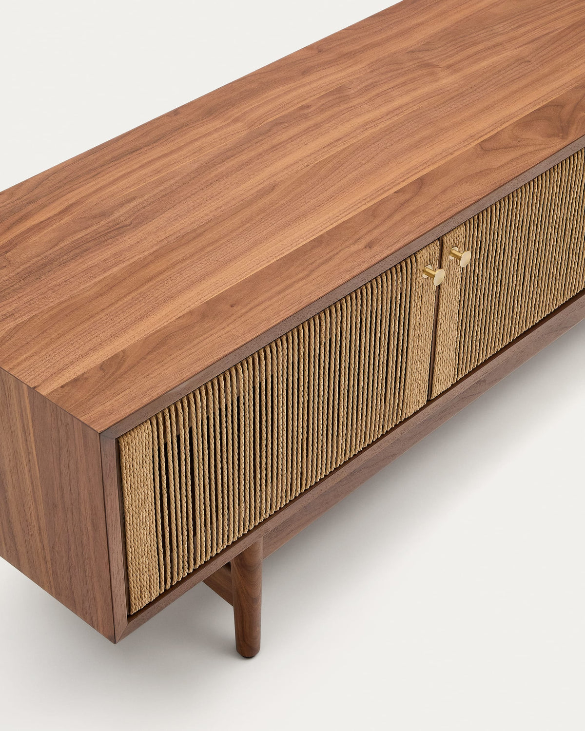 Meuble TV Japandi 3 portes en placage et bois de noyer et corde 200 x 50 cm - Elan
