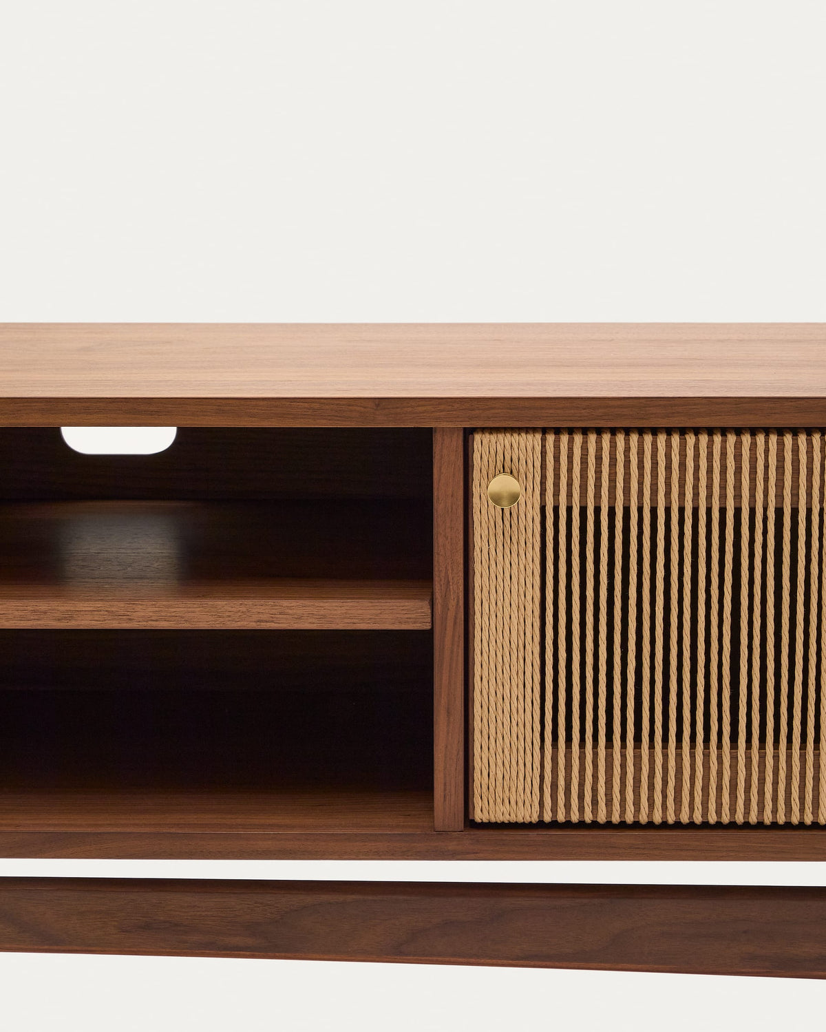 Meuble TV Japandi 3 portes en placage et bois de noyer et corde 200 x 50 cm - Elan