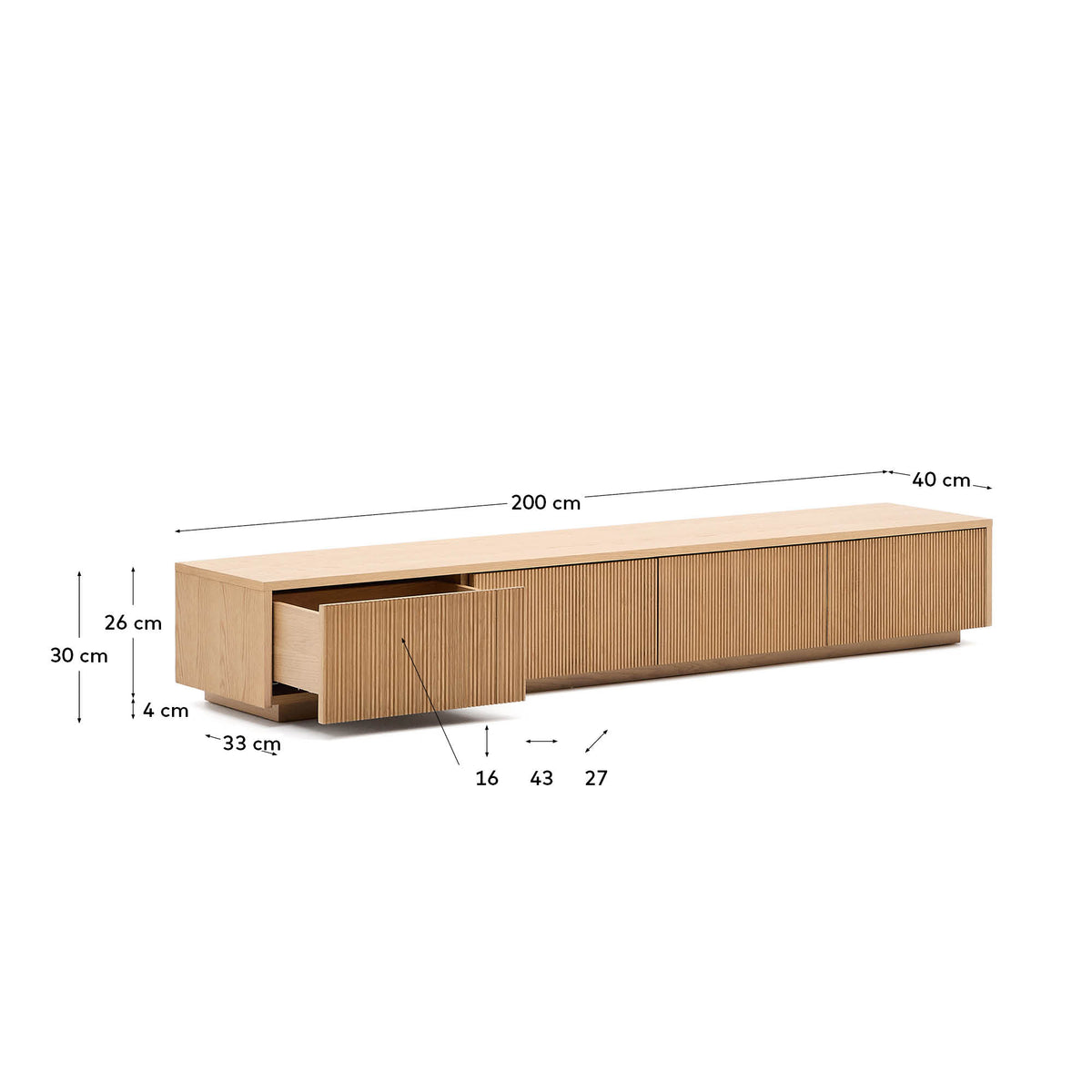 Meuble TV Japandi 4 tiroirs en placage de chêne 200 x 30 cm - Helvine