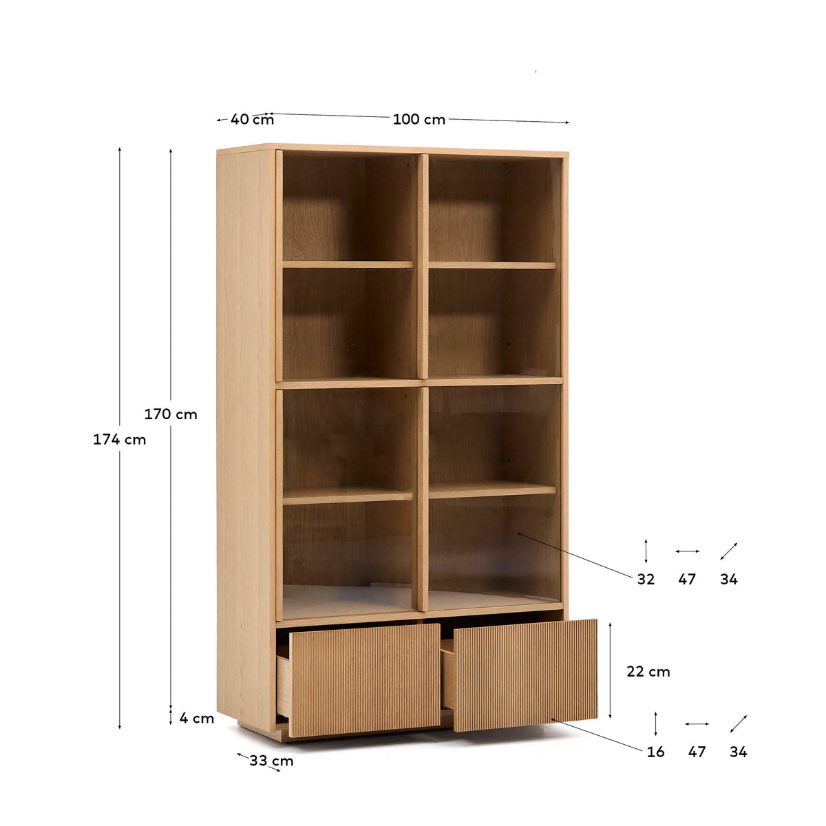 Vitrine Japandi 4 portes et 2 tiroirs en placage de chêne et verre trempé 100 x 174 cm - Helvine