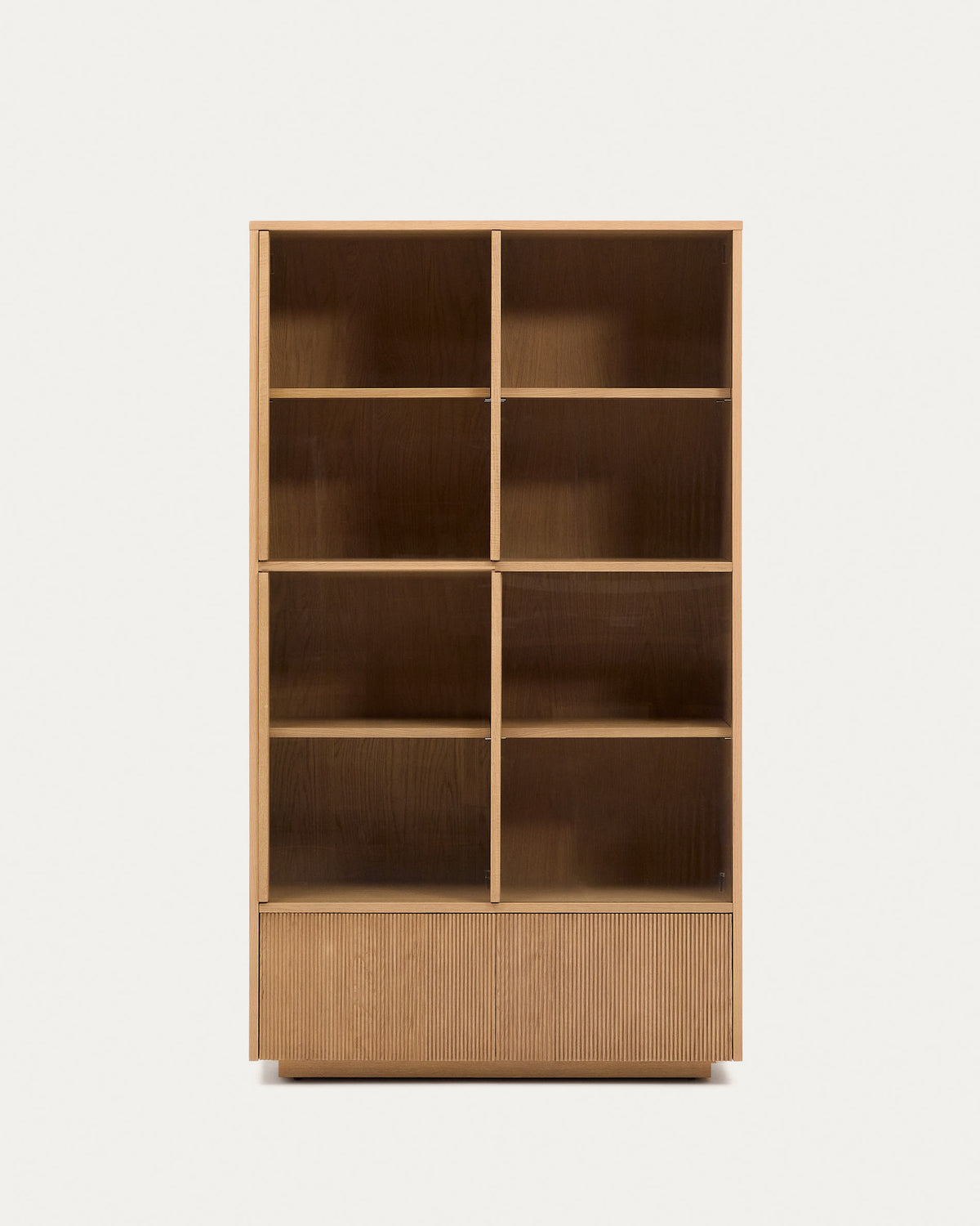 Vitrine Japandi 4 portes et 2 tiroirs en placage de chêne et verre trempé 100 x 174 cm - Helvine