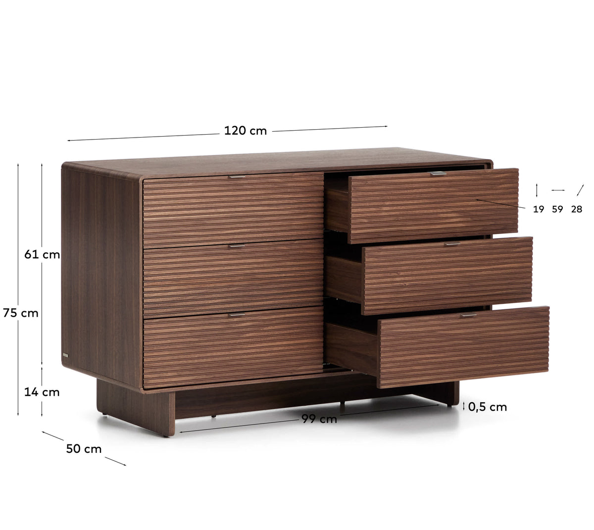 Commode Japandi 6 tiroirs en placage de noyer 120 x 75 cm - Norlen