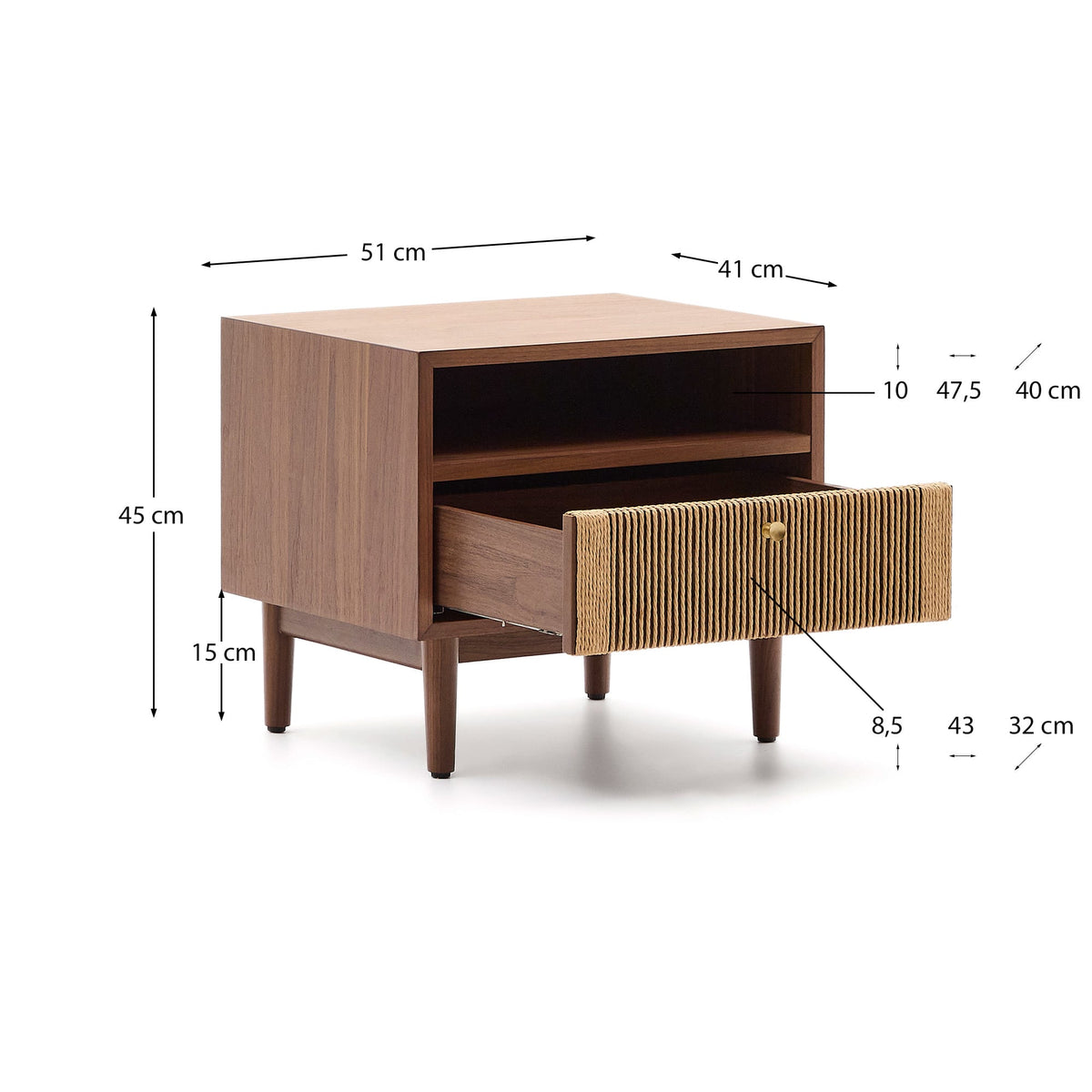 Table de nuit Japandi en placage et bois de noyer avec corde 51 x 45 cm - Elan