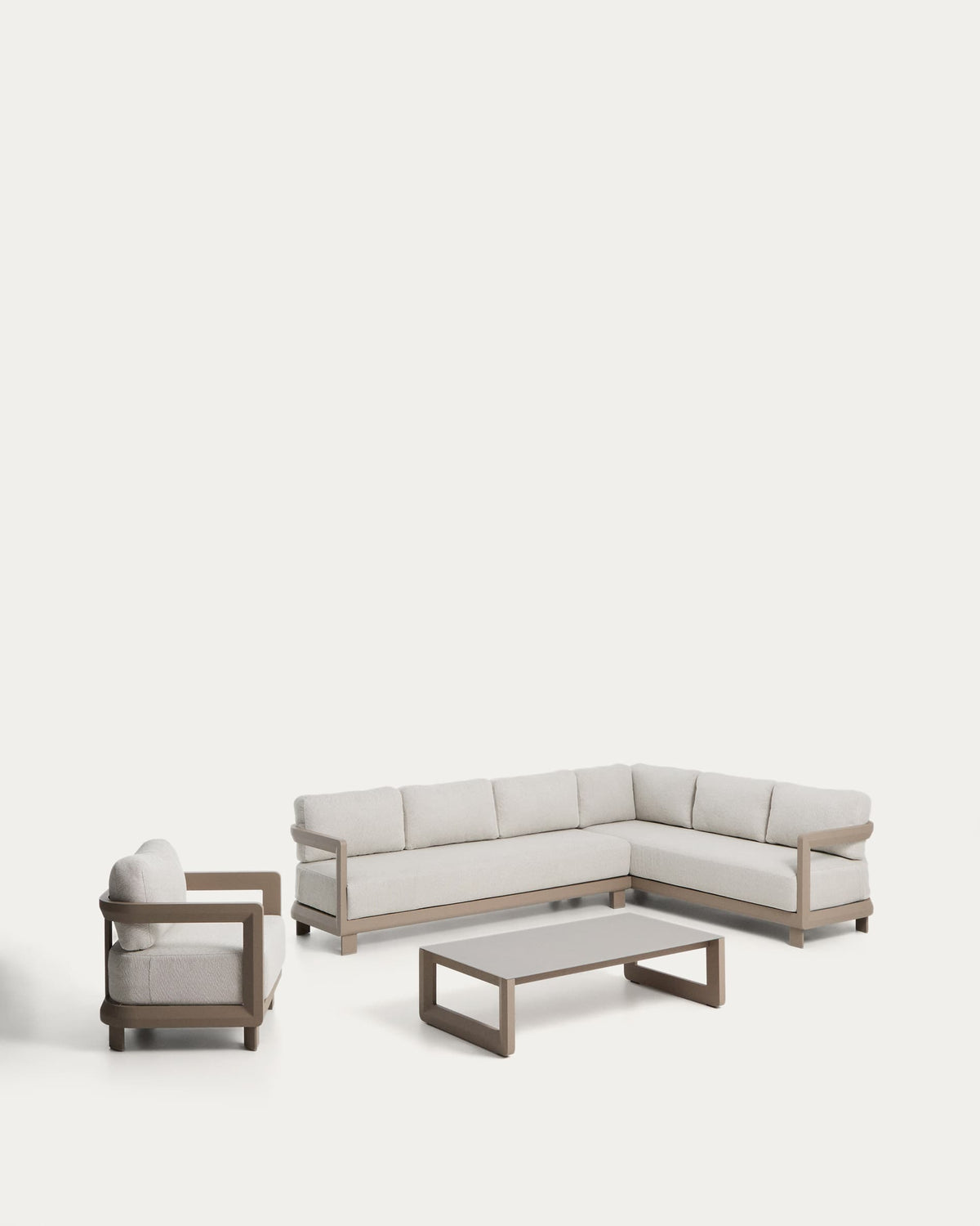 Set Japandi avec canapé d'angle 5 places, fauteuil et table basse en verre trempé et aluminium taupe - Nerano