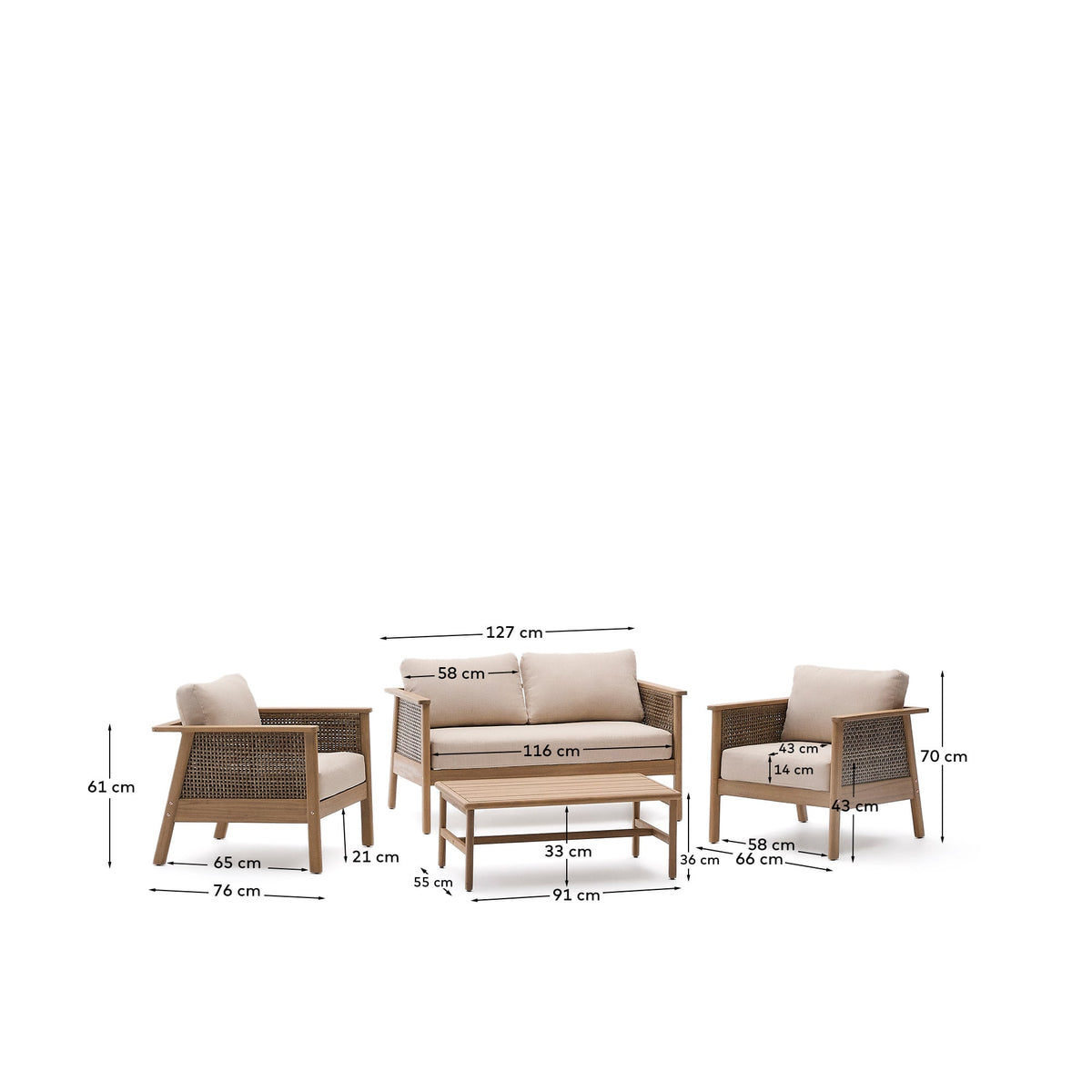 Ensemble Japandi composé d'un canapé 2 places, de 2 fauteuils et d'une table basse en bois d'acacia - Alabe