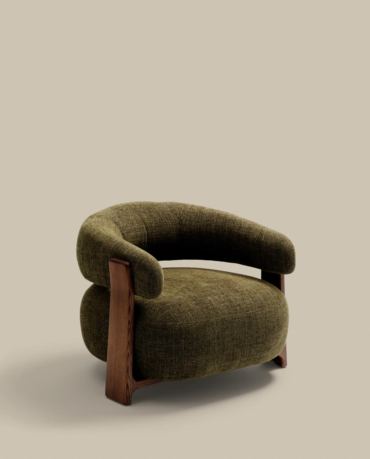 Fauteuil Japandi en tissu chenille vert et pieds en bois de frêne finition noyer - Granite