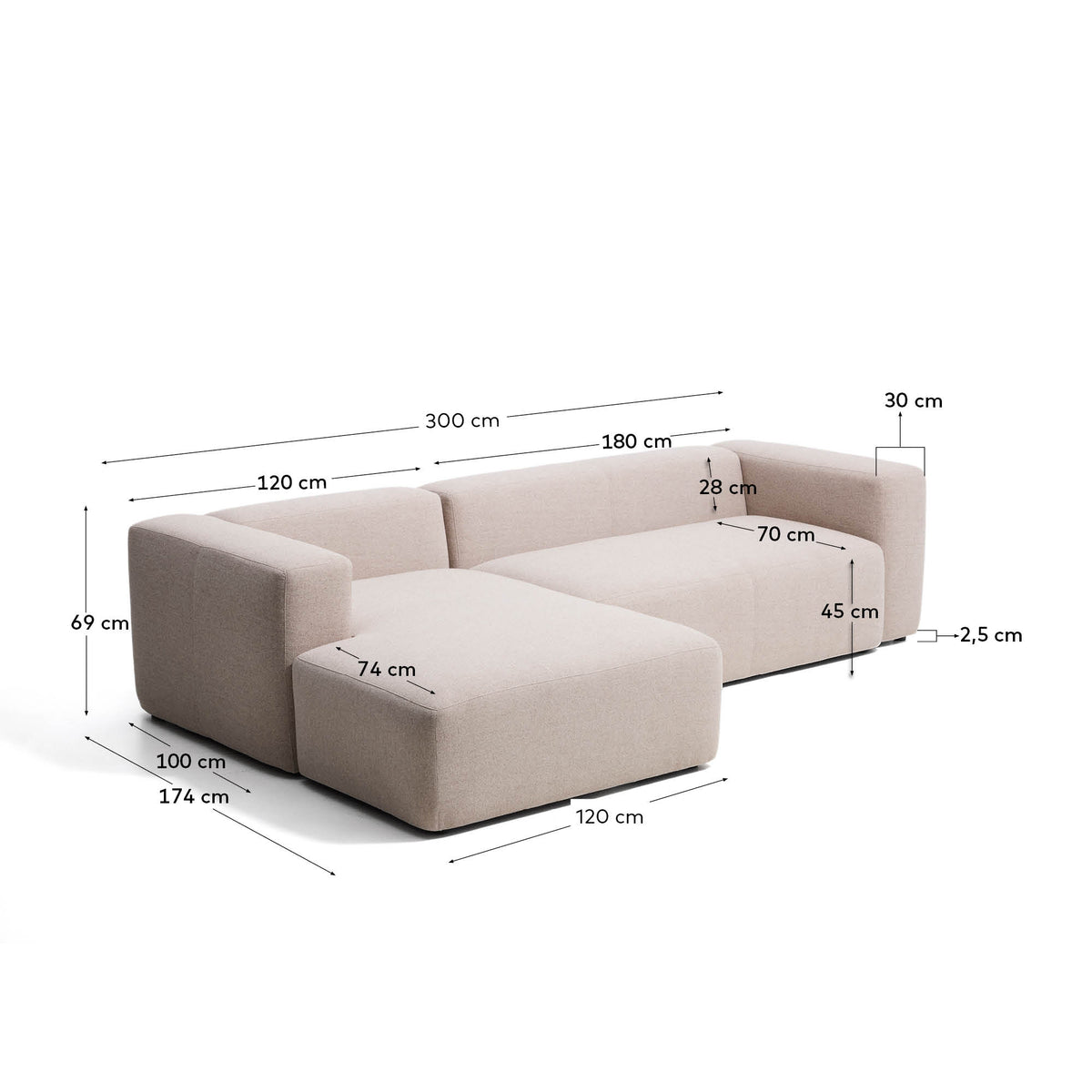 Canapé Japandi 3 places avec méridienne gauche en chenille beige 300 cm - Blok