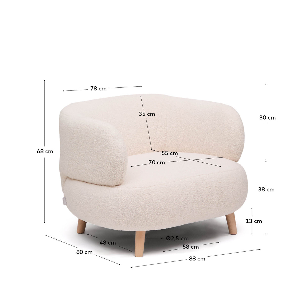 Fauteuil Japandi bouclette écru avec pieds en bois de hêtre 90 cm - Luisa