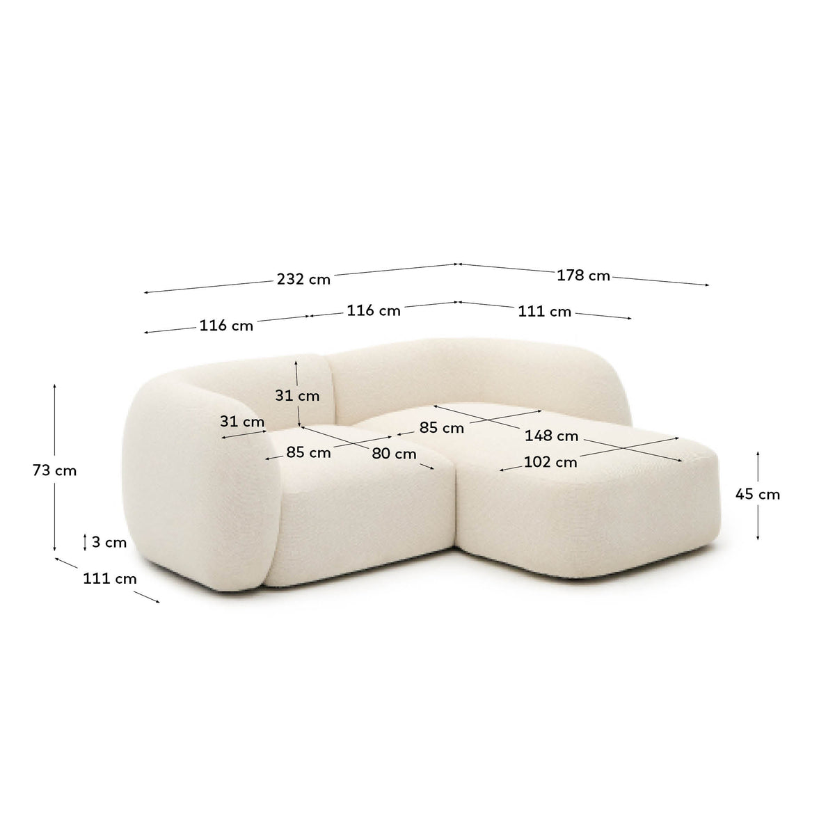 Canapé modulable Japandi 2 places en chenille avec méridienne droite couleur écrue 230 cm - Martina