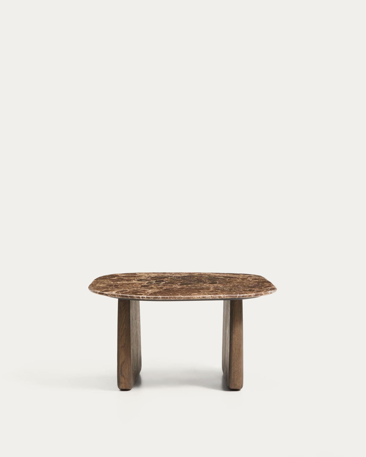 Table auxiliaire Japandi en marbre marron et pieds en bois de chêne avec finition foncée 71 x 70 cm - Pirita