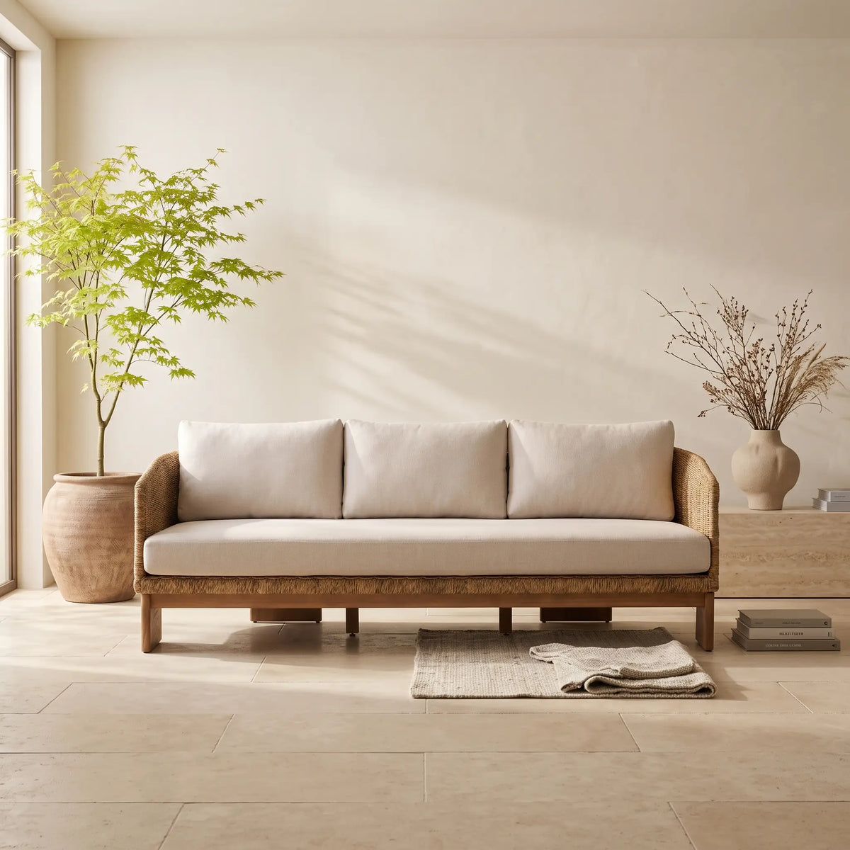 Canapé Japandi 3 places en rotin synthétique et bois d'eucalyptus 223 cm - Xoriguer