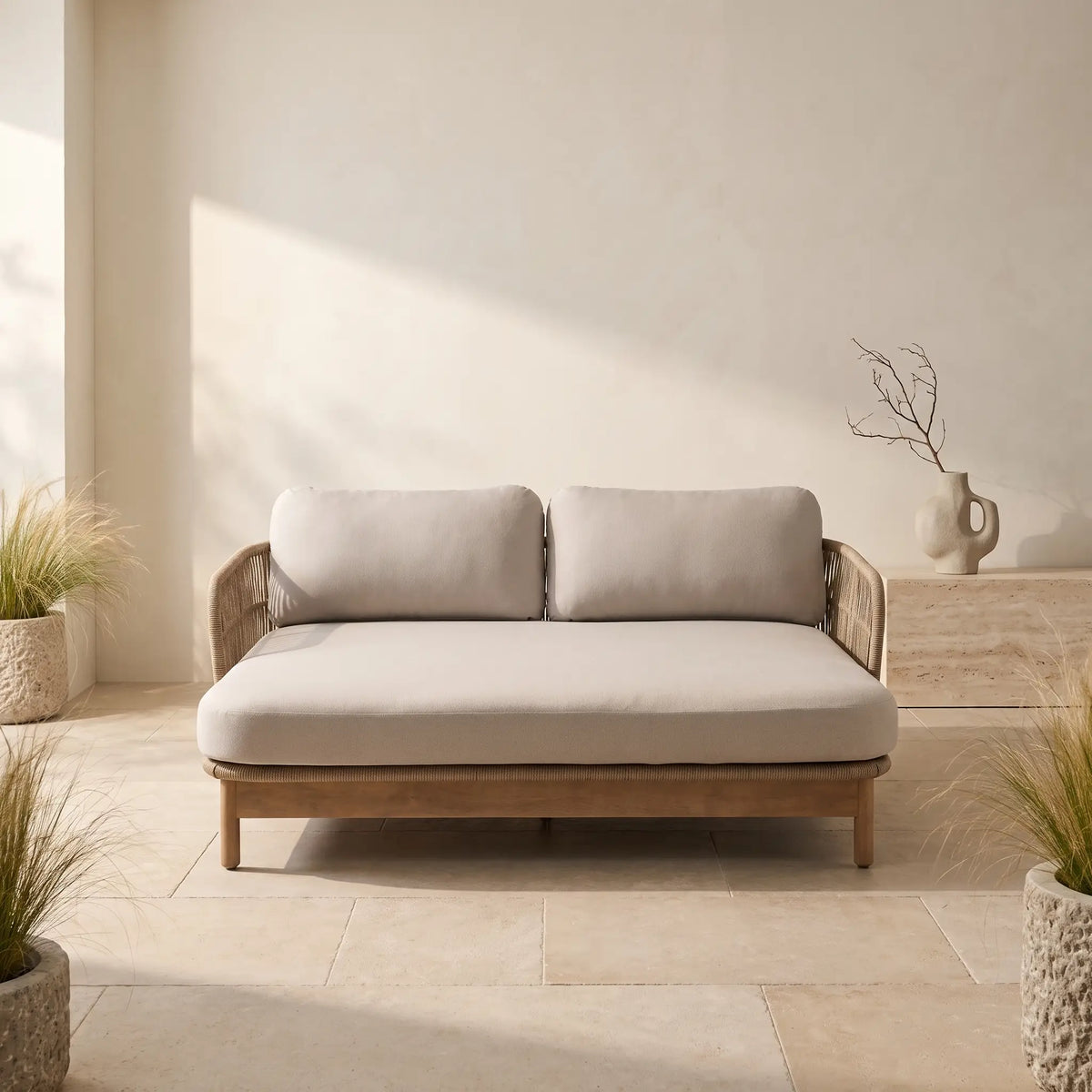 Bain de soleil double Japandi en corde beige et bois d'acacia - Catalina
