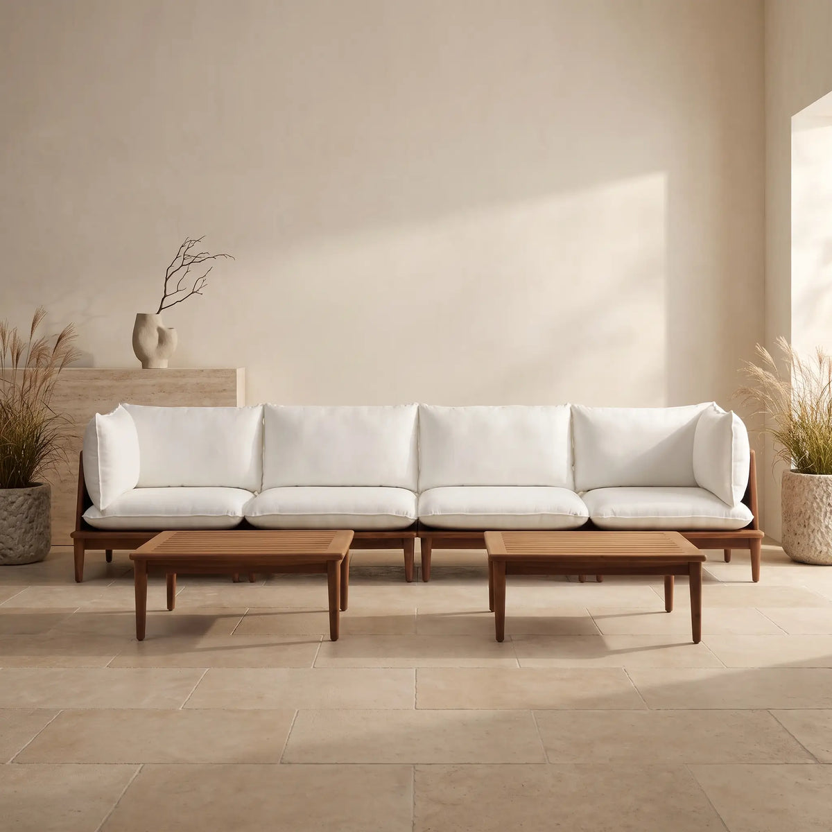 Set modulable Japandi 2 fauteuils d'angle, 2 fauteuils, 2 tables basses bois teck - Portitxol