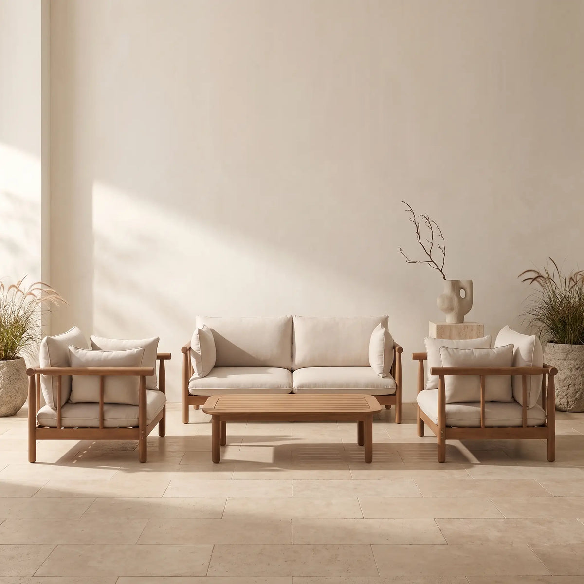 Ensemble Japandi ensemble de 2 fauteuils, canapé 2 places et table basse en bois d'eucalyptus - Sacova