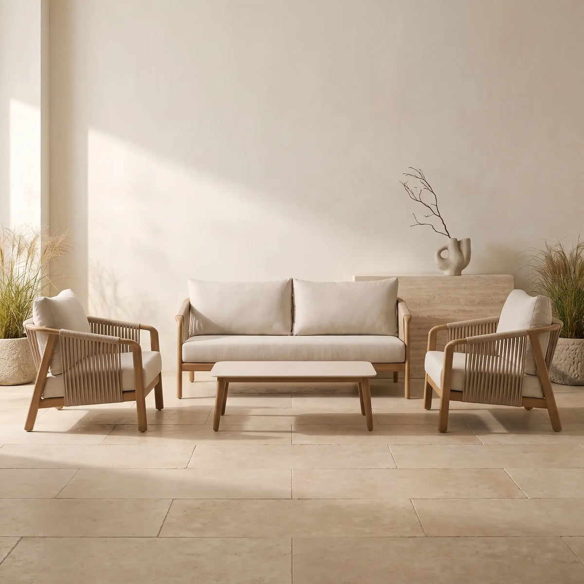 Ensemble d'extérieur Japandi avec canapé 3 places, 2 fauteuils et table en aluminium avec finition effet bois et coussins écrus - Sirte